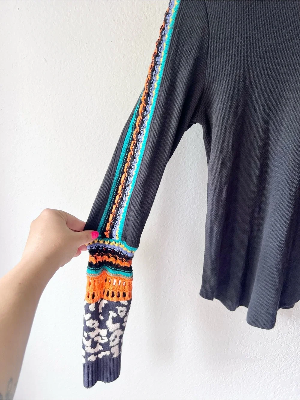 Free People Charcoal Switch It Up Cuff Thermal Sweater Top Sz L